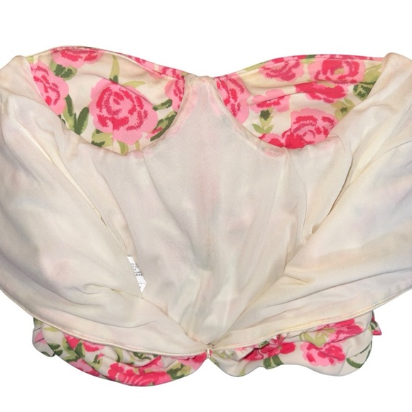 Zara Ruched Floral Strapless Bodysuit Pink Rose Print Cottagecore Y2K Coquette - Picture 8 of 16
